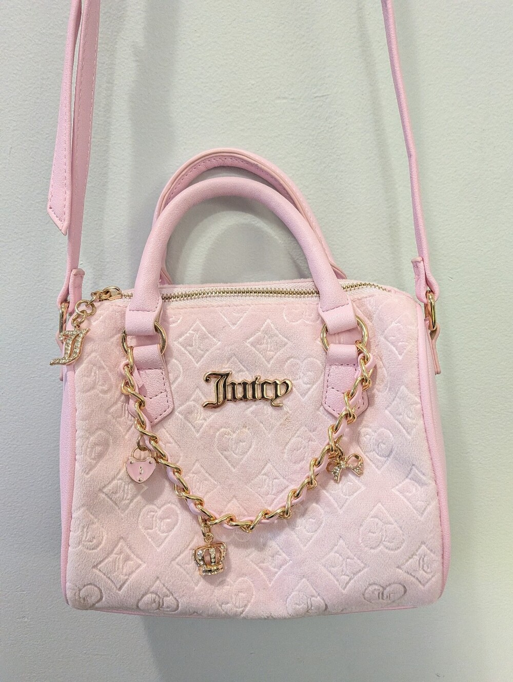 Juicy Couture Heritage Velour Bowler Satchel Pink Shoulder Hand Bag